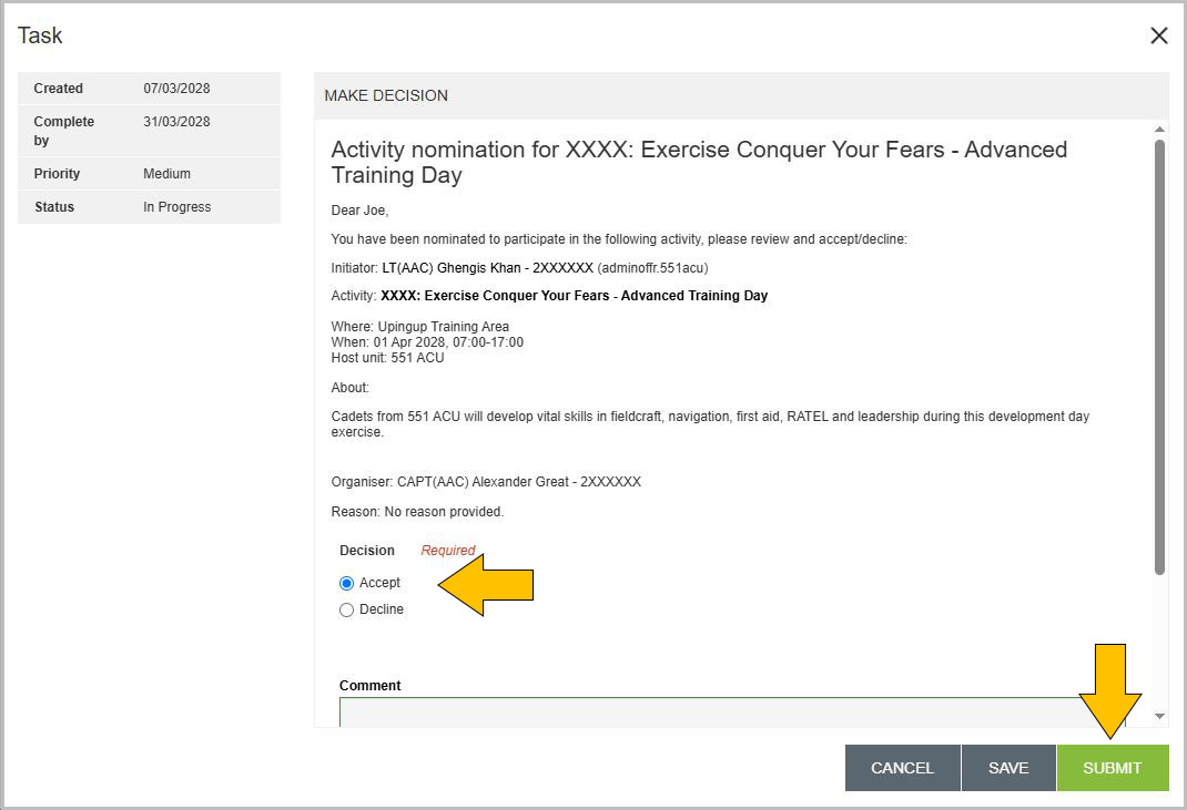 Example of the task dialog where you accept and submit